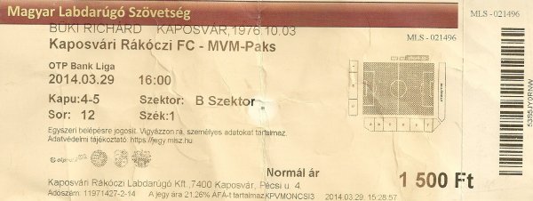 Kaposvár - Paks jegy, 2014