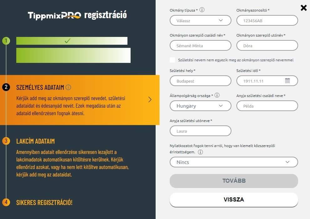Tippmixpro regisztrációs űrlap - személyes adatok